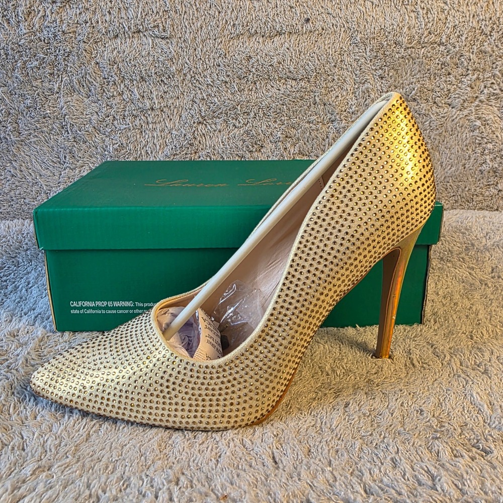 Lauren Lorraine Gold Rhinestone‎ Pointed Toe Stiletto Heels Women's Size 9.5 NEW